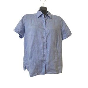 LL Bean 100% Linen Button Up Shirt Purple Short Sleeve Casual Women's L G7.1